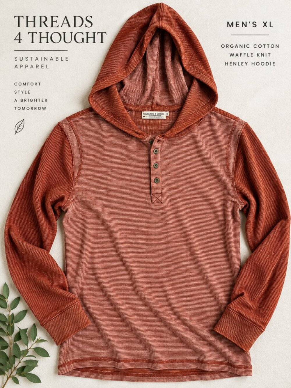 Threads 4 Thought Men’s XL Rust Waffle Knit Henley Hoodie Organic Cotton